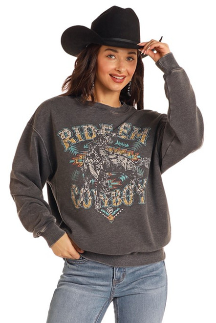 Rock & Roll Cowgirl Black Ride Em' Cowboy Graphic Long Sleeve Sweater