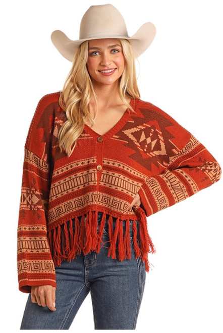 Rock & Roll Cowgirl Red Aztec Fringe Steer Skull Cropped Cardigan Sweater