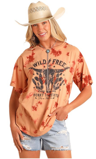 Rock & Roll Cowgirl Women's Wild & Free Spearhead Graphic Rust Tie Dyed Oversized Short Sleeve T-Shirt