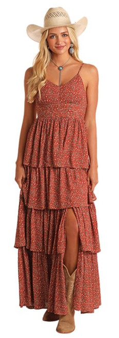 Rock & Roll Cowgirl Women's Burnt Orange Mini Floral Tiered Maxi Dress