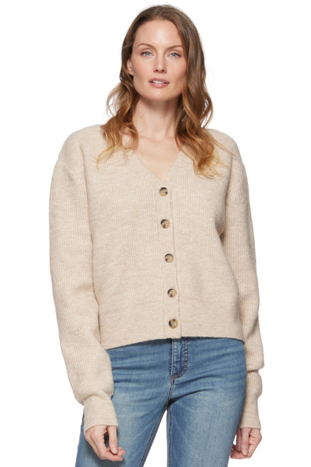 Threadgrit Ladies Taupe Willa V-Neck Button Front Long Sleeve Cardigan