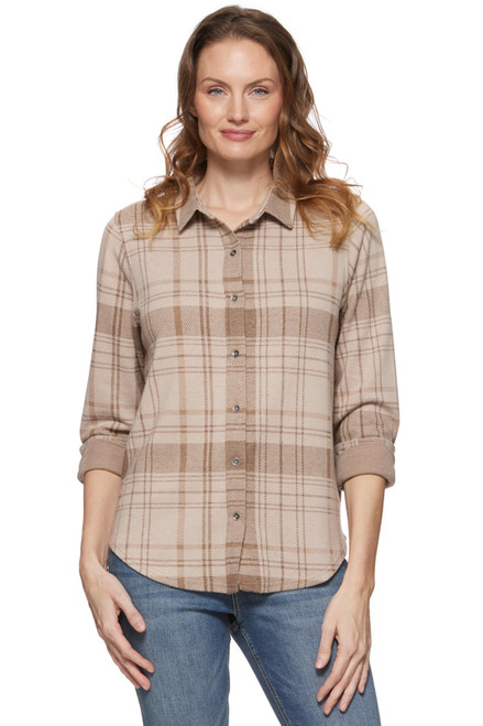 Threadgrit Ladies Brown Multicolor Faye Knit Flannel Long Sleeve Shirt