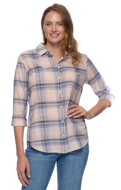 Threadgrit Women's Short Sleeve Cream and Mauve Brooks Shirt