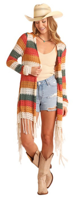 Rock & Roll Ladies Turquoise Multi Color Baja Sweater Open Faced Knitted Cardigan