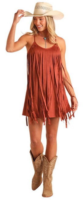 Rock & Roll Ladies Camel Microsuede Fringed Detail Sleeveless Dr