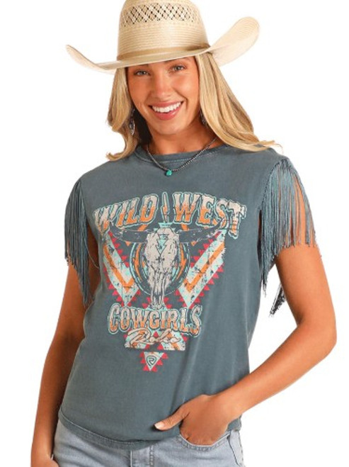 Rock & Roll Denim Ladies Aegean Wild West Short Sleeve Fringed Tank Top