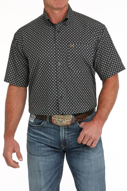 Cinch Men's Navy Multi Print Arena Flex Short Sleeve Button Up Shirt