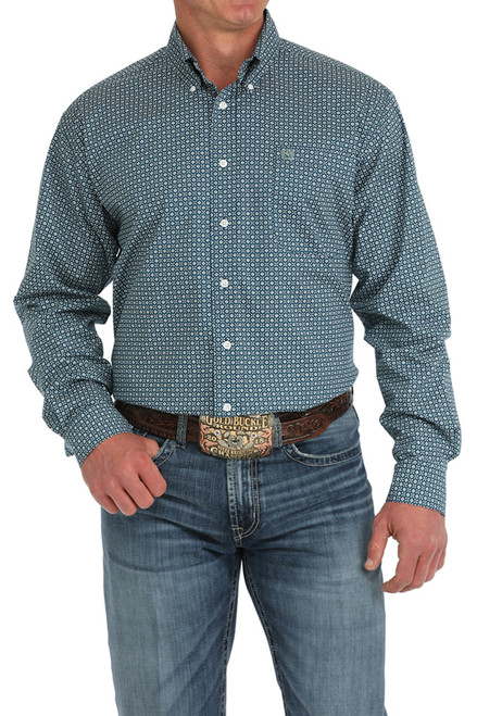 Cinch Men's Blue Printed Plain Weave Long Sleeve Button Up Shirt