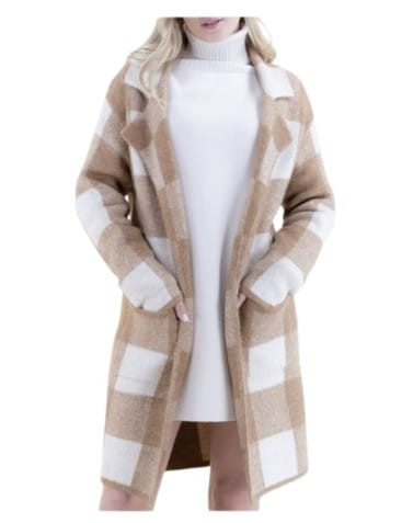 iScarf Womens Camel Plaid Cozy Long Sleeve Cardigan