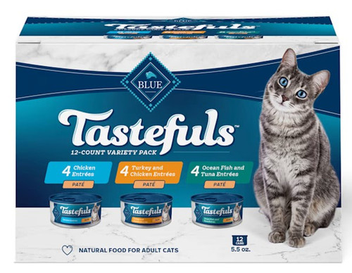 Blue Buffalo Tastefuls Chicken Turkey & Chicken Ocean Fish & Tuna Wet Cat Food Pate Variety Pack, 5.5 oz., Count of 12