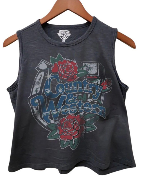 Country Deep Ladies Black Washed Country & Western Horseshoe Muscle Crop Top
