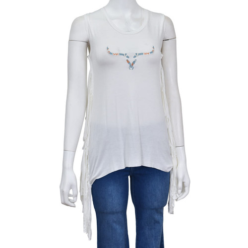 Cowboy Hardware Womens White Multi-Colored Steer Embroidered Fringe Western Tank Top