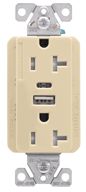 Eaton Cooper Wiring TRUSBAC20 TRUSBAC20V-K-L Receptacle, 2 -Pole, 5 A, 125 VAC, 2 -USB Port, Type A, C USB