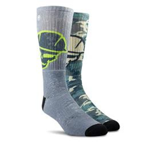 Ariat Men's Grey and Green Roughneck Skull Graphic 2-Pack Crew Socks