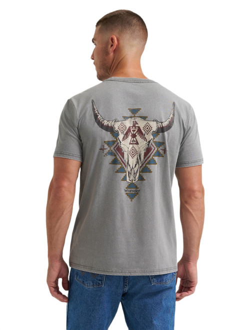 Wrangler Mens Gray Acid Wash Steer Skull Back Graphic Short Sleeve T-Shirt