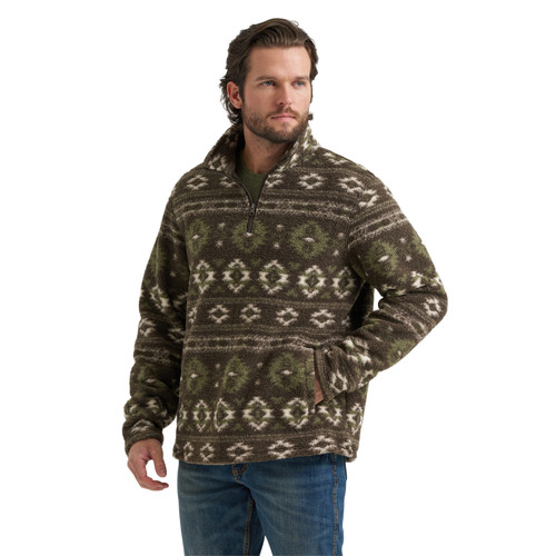Wrangler Mens Vintage Olive Aztec Sherpa Lined Quarter Zip Long Sleeve Pullover