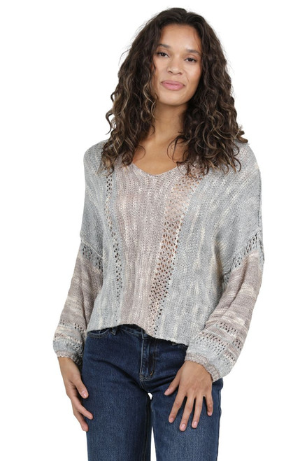 Nostalgia Ladies Light Blue Multi Tone Long Sleeve Knitted Sweater