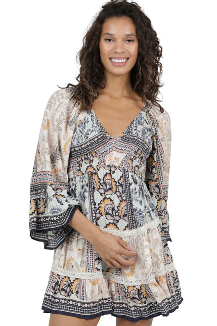 Nostalgia Ladies Mint Multi Floral Print & Lace Long Sleeve Tiered Dress
