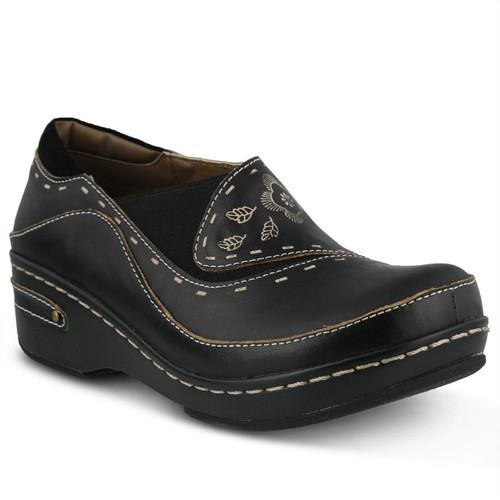 Black hand painted closed back clog with embossed floral design.