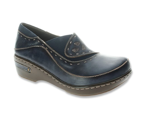 Navy hand painted closed back clog with embossed floral design. Navy hand painted closed back clog with embossed floral design.