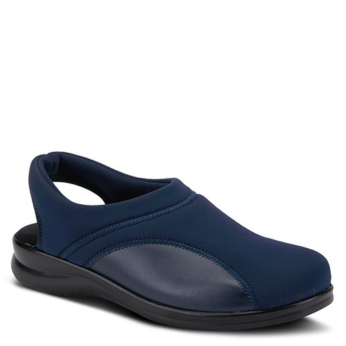 Navy lycra sling back clog made in Italy.