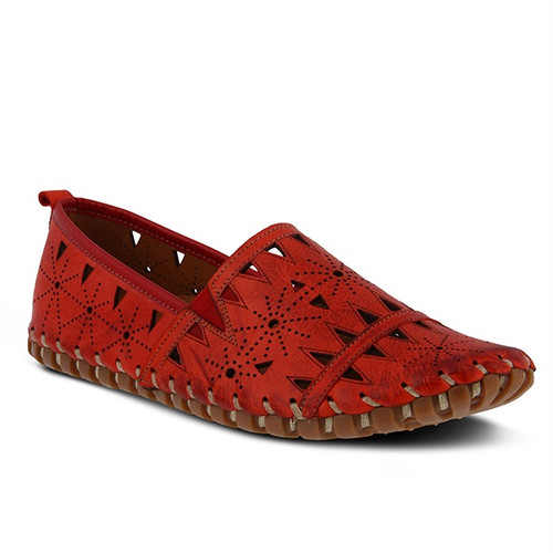 Red leather slip on with geometric laser cut outs and rubber outsole.