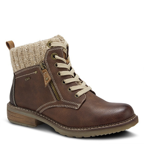 Brown vegan leather water resistant pull on lace boot with zipper.