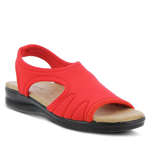 Red slip on lycra sandal with heavy stitch detail.