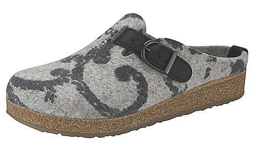 Grey wool felt clog with cork footbed and contrasting grey patten on toe.