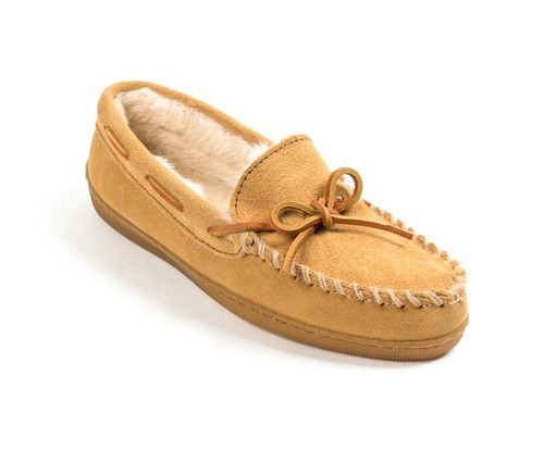 Tan pile lined hardsole moc for women by Minnetonka.