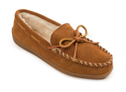 Brown pile lined hardsole moc for women by Minnetonka.