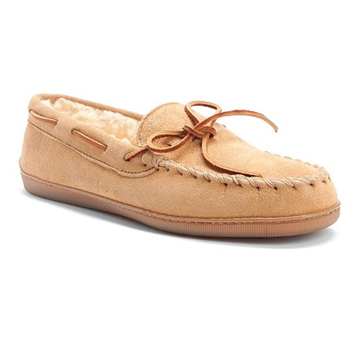 Tan Suede Pile lined hardsole moc by Minnetonka. Tan Suede Pile lined hardsole moc by Minnetonka.