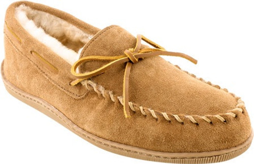 Golden tan sheepskin hardsole moc with rawhide lace by Minnetonka.