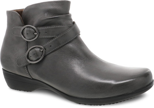 Grey ankle boot with decorative buckles and side zipper by Dansko.