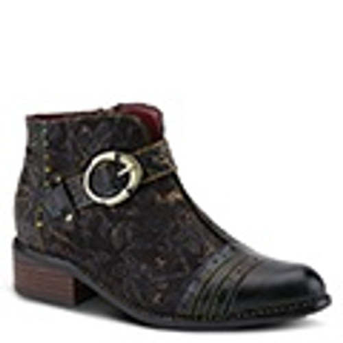 Black french inspired bootie with hand painted leather and printed micro suede. Black french inspired bootie with hand painted leather and printed micro suede.