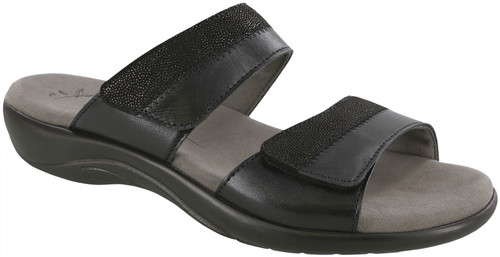 Black slide sandal with plush insole by Sas.