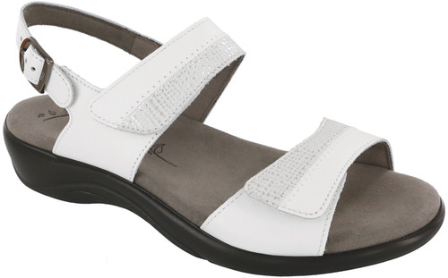 White two toned leather sandal with plush insole by Sas.