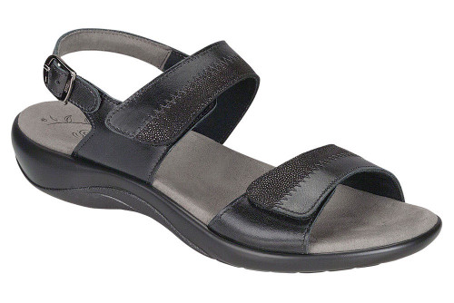 Black two toned leather sandal with plush insole by Sas.