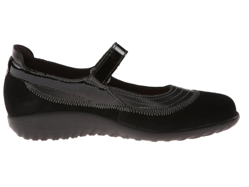 Black madras black suede mary jane with removable cork footbed by Naot. Black madras black suede mary jane with removable cork footbed by Naot.