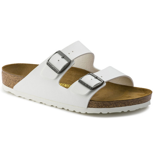 White synthetic two strap sandal with cork footbed by Birkenstock.