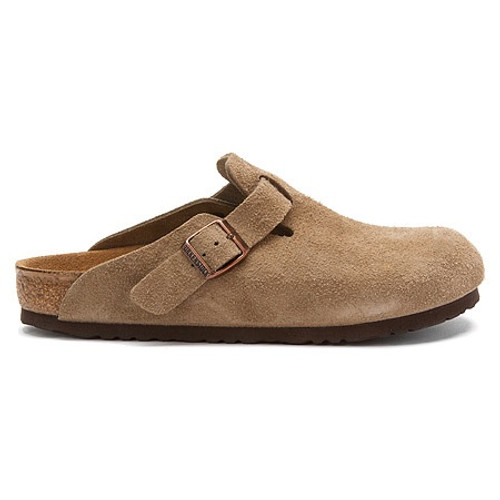 Taupe suede clog with cork footbed by Birkenstock.