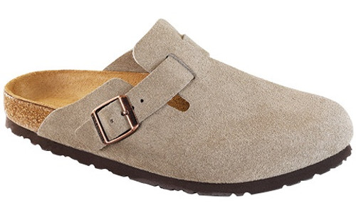 Taupe suede soft footbed clog by Birkenstock.