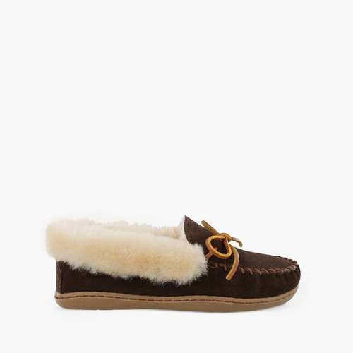 Sheepskin slipper with rawhide lace by Minnetonka.