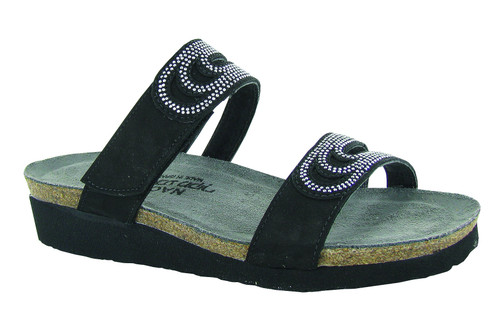 Black slide sandal with rivet accents and cork footbed.