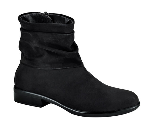 Black side zipper boot with folds on cuff with removable footbed from Naot. Black side zipper boot with folds on cuff with removable footbed from Naot.