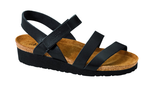 Black matte three strap sandal with cork footbed by Naot.