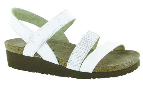 White leather three strap sandals with cork footbed by Naot.