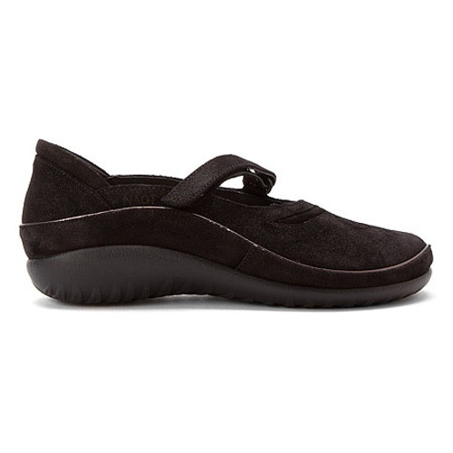 Black madras and black suede mary jane shoe with swirl design and removable footbed by Naot. Black madras and black suede mary jane shoe with swirl design and removable footbed by Naot.