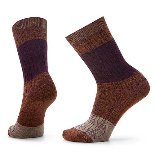 Smartwool Women's Everyday Color Block Cable Crew Socks - Acorn-Bordeaux Marl