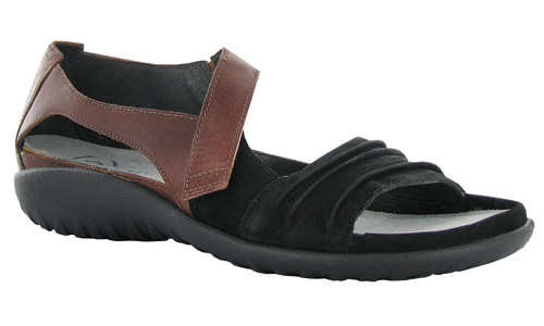 fashionable sandal with a padded front strap & a contrasting rouched design